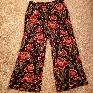 Ann Taylor Size 10P Floral Cuffed Wide Leg Slacks Navy Rose Garden Print